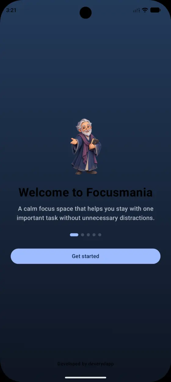 Focusmania welcome screen with the illustrated focus mentor