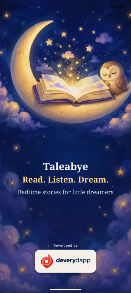 Taleabye welcome screen with an owl, glowing storybook, and crescent moon